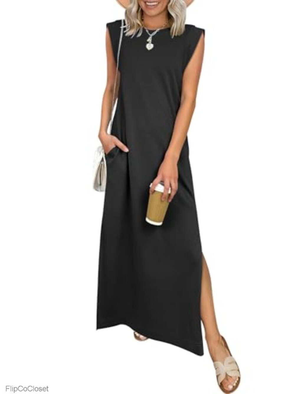 Womens Wrinkle Free Maxi Dress with Pockets Sleeveless Casual